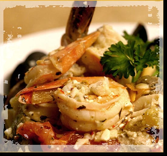 Shrimp and mussels with crumbled feta