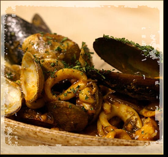Calamari, clams and mussels on a platter