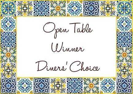 Card framed in blue and gold painted tiles reading: Open Table Winner, Diners' Choice
