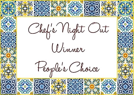 Card framed in painted tiles reading: Chef's Night Out Winner, People's Choice